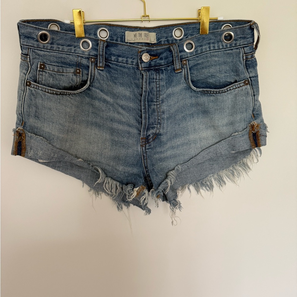 Free People We The Free Blue Jean Shorts Distressed Raw Hem